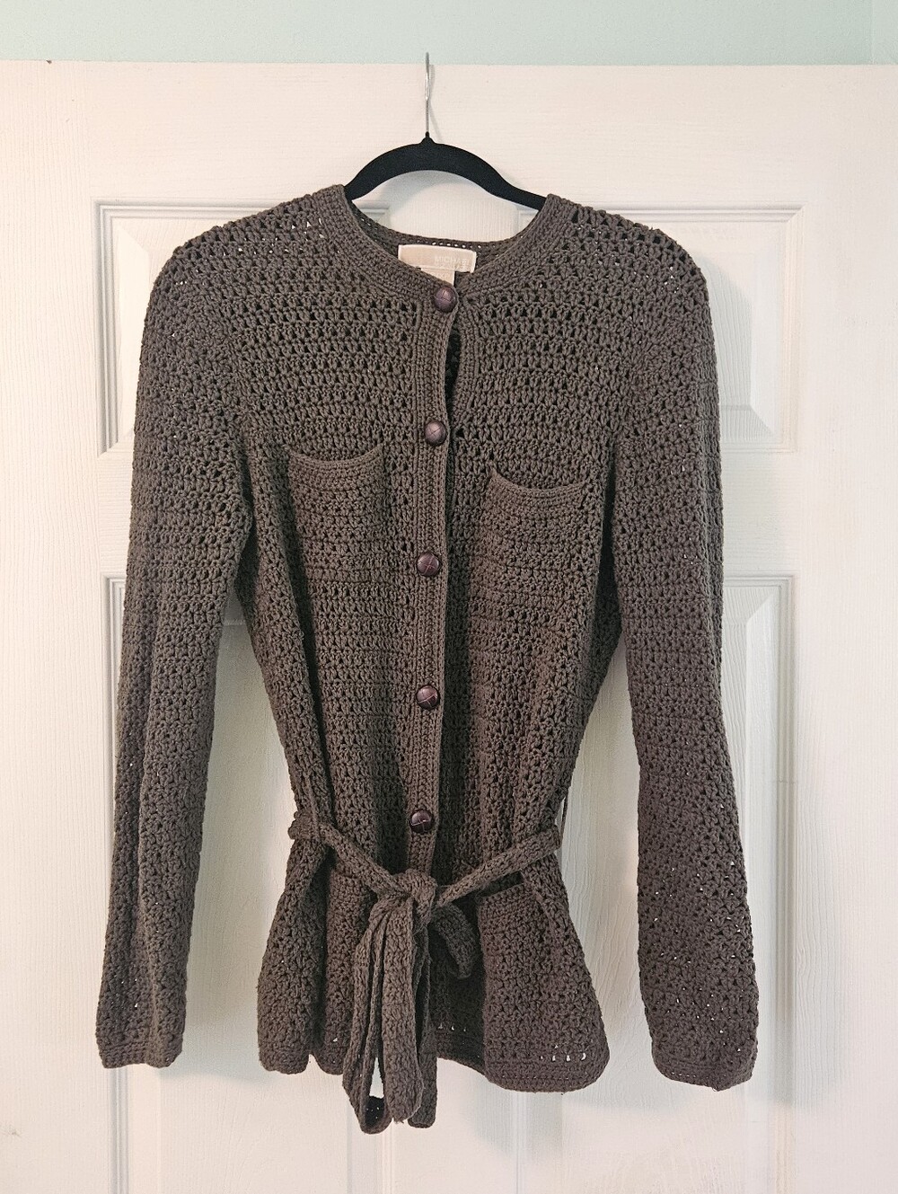 Michael Kors Crochet Knit Cardigan Tie Waist Patch Pockets Coastal Grandma SZ XS